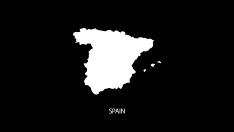 digital revealing and zooming in on spain country map alpha video with country name revealing background | spain country map and title revealing alpha video for editing template conceptual