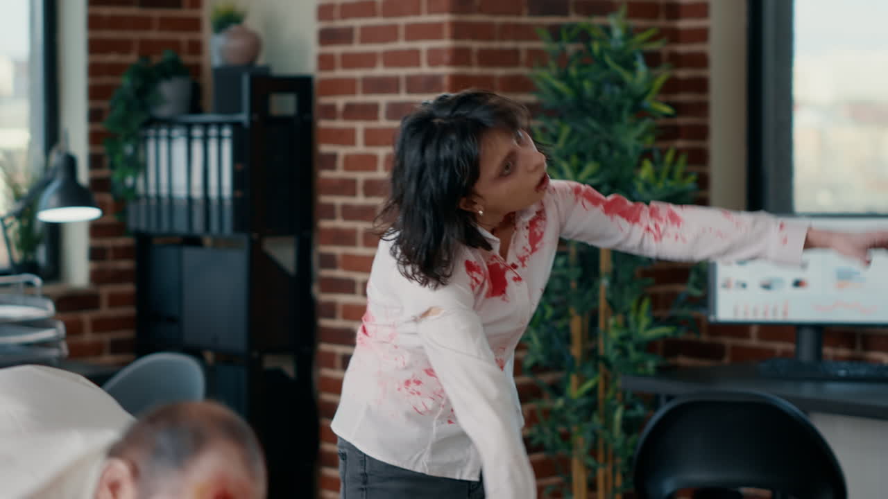 Scared business man trying to call emergency number while running from spooky zombies