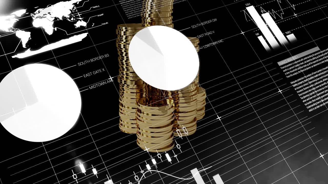 Gold coins visualizing data loop with gauge dropping, bars rising, pie-chart sliding in flat design