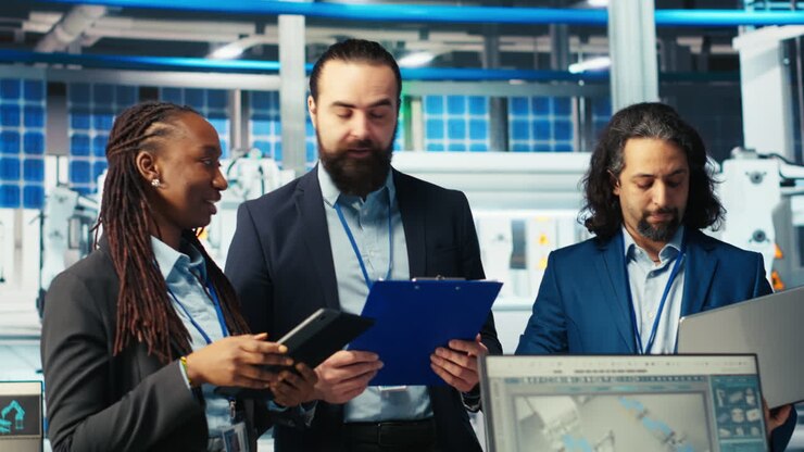 Team of upbeat business partners inspecting solar plant machinery