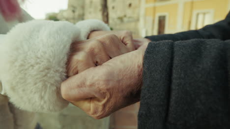 hands of elderly couple in love touch each other in the streets of the city