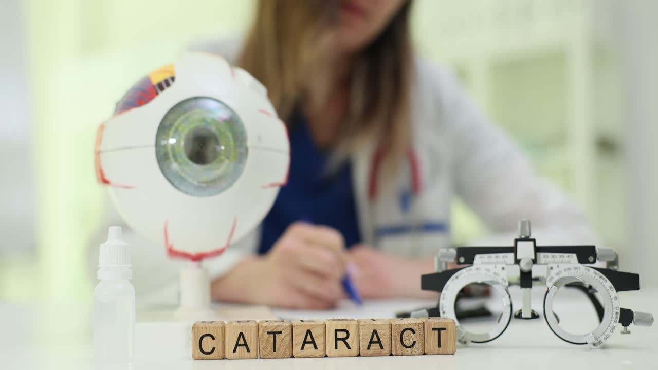 Cataract Diagnosis and Eye Examination Tools with Doctor in Background