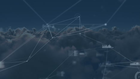 animation of network of connections with statistics recording over clouds in background