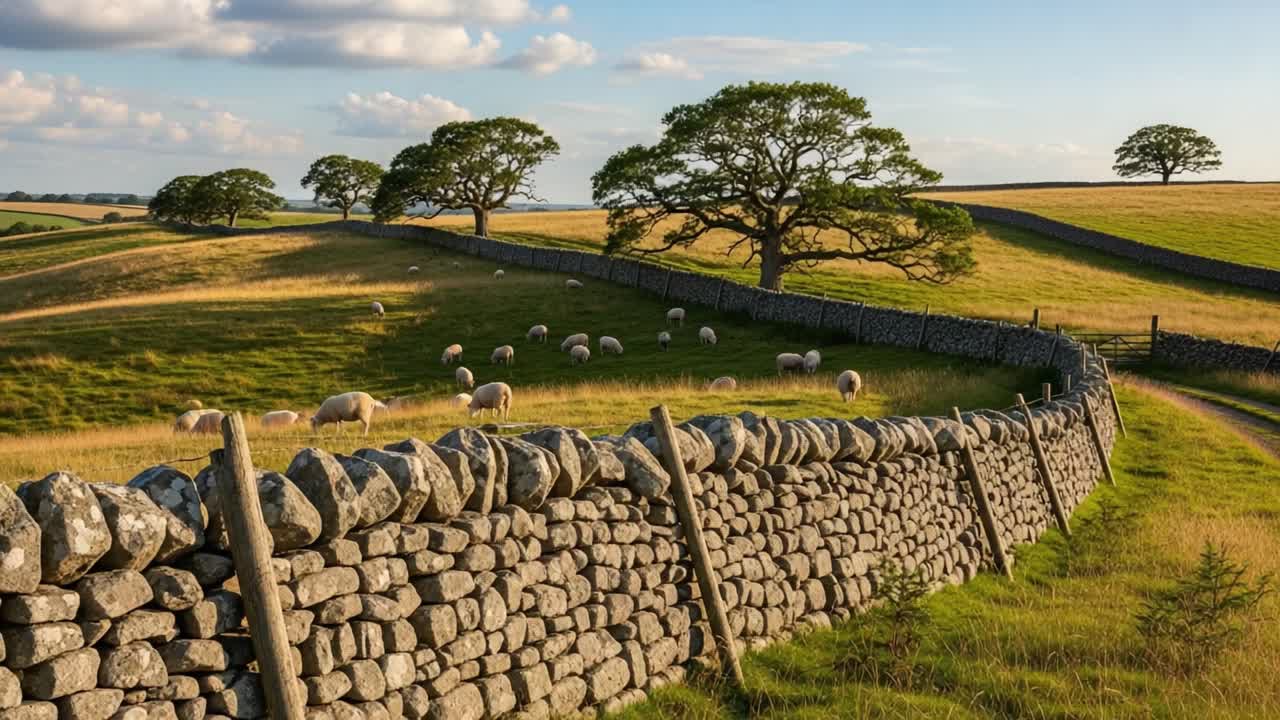 A Serene Pastoral Landscape Featuring Grazing Sheep, Rolling Hills, Stone Walls, and Lush Green Pastures Under a Clear Sky
