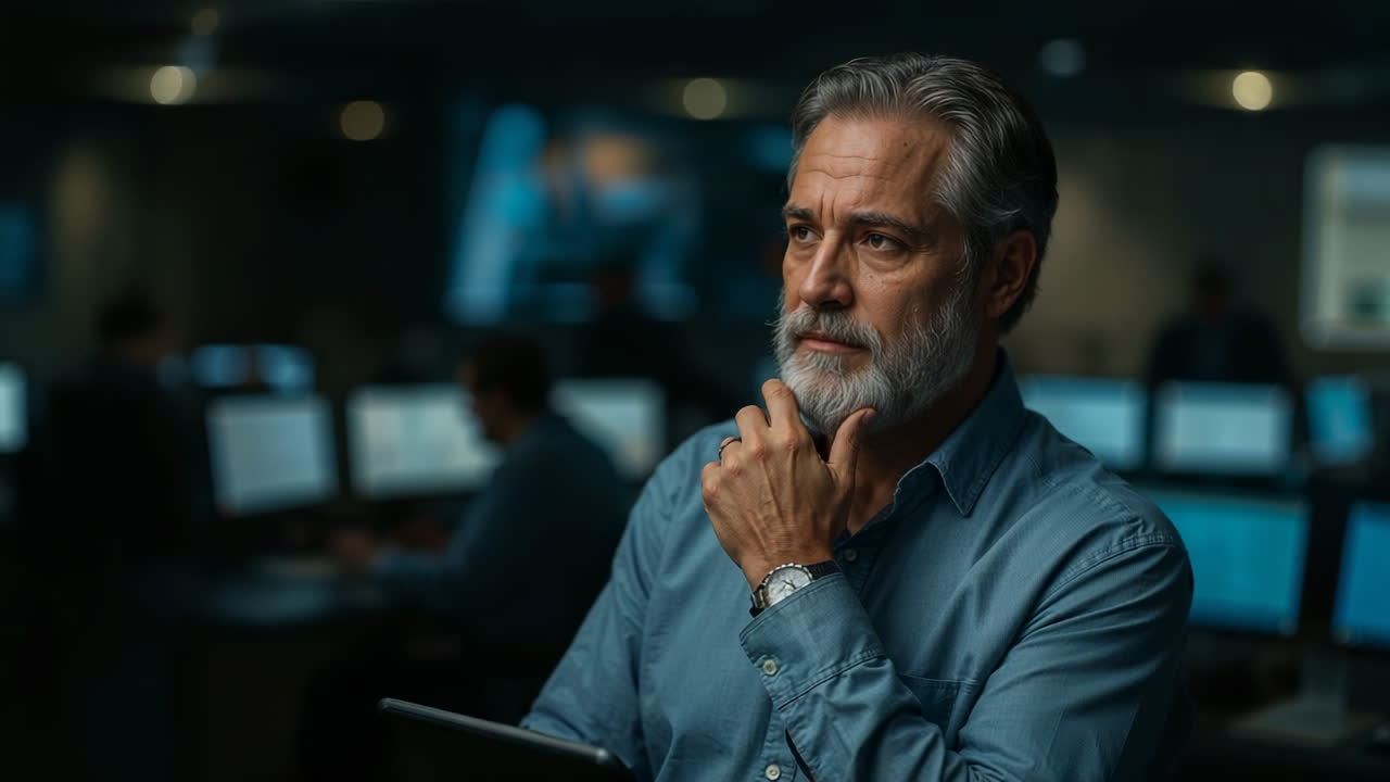 Thoughtful Businessman in a Tech Office Environment