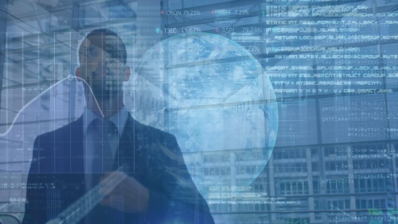 Animasjon av finansiell databehandling over en kaukasisk forretningsmann som går med bagasje