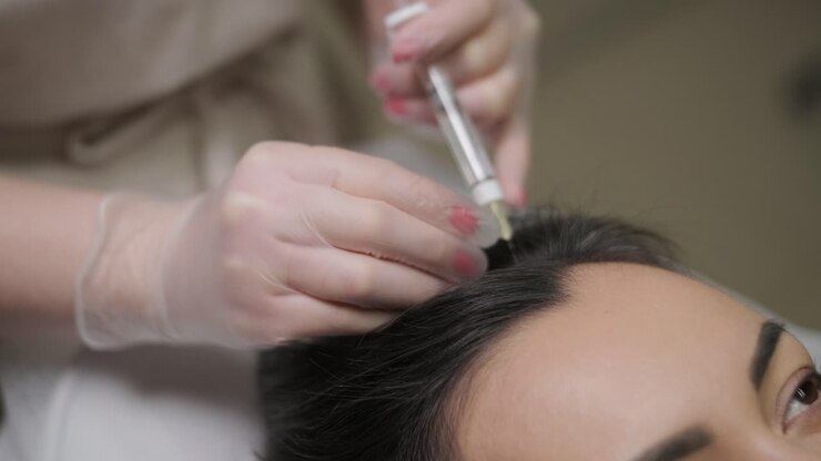 A patient undergoes mesotherapy, receiving targeted injections from a healthcare professional into the scalp to promote hair health