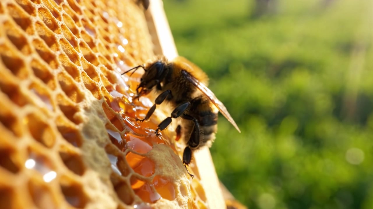 Primo piano di api mellifere che raccolgono nettare dal favo in un prato verde e rigoglioso, mostrando l'intricata relazione tra api e natura.