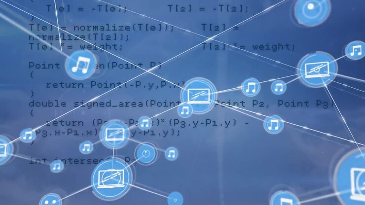 Animation of network of connections with people icons over data processing on blue background