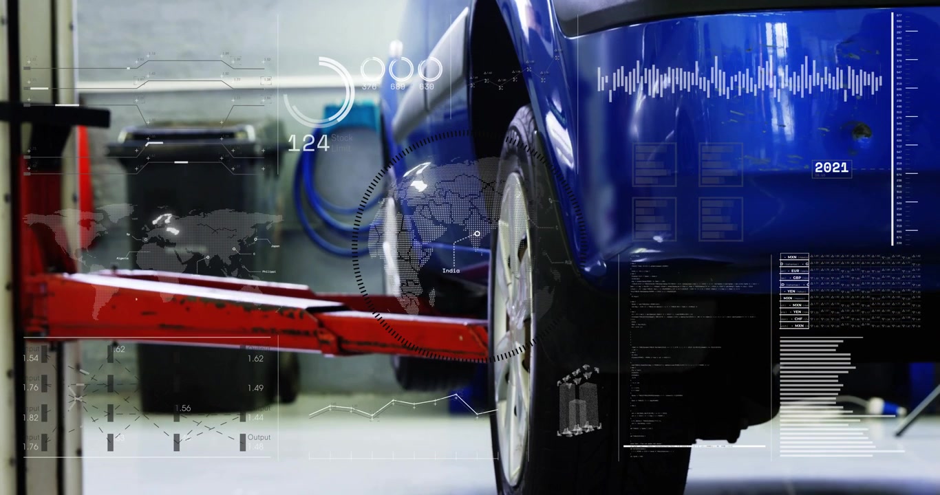Brazo elevador rojo deslizándose bajo un coche azul, haciendo contacto, levantando la rueda trasera para servicio mientras el HUD se anima.