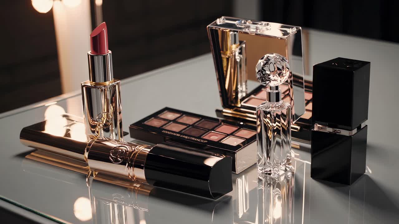 Luxurious makeup products on a reflective surface, captured at a low angle