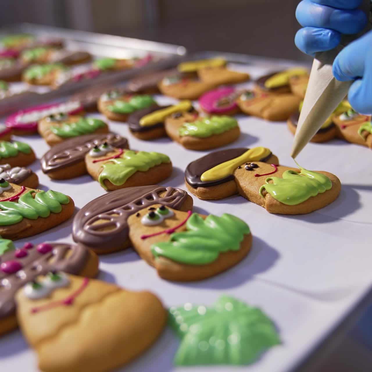Beautiful tasty biscuits on the metal trays. Hands of confectioner squeeze decoration cream on the cookies. Close up