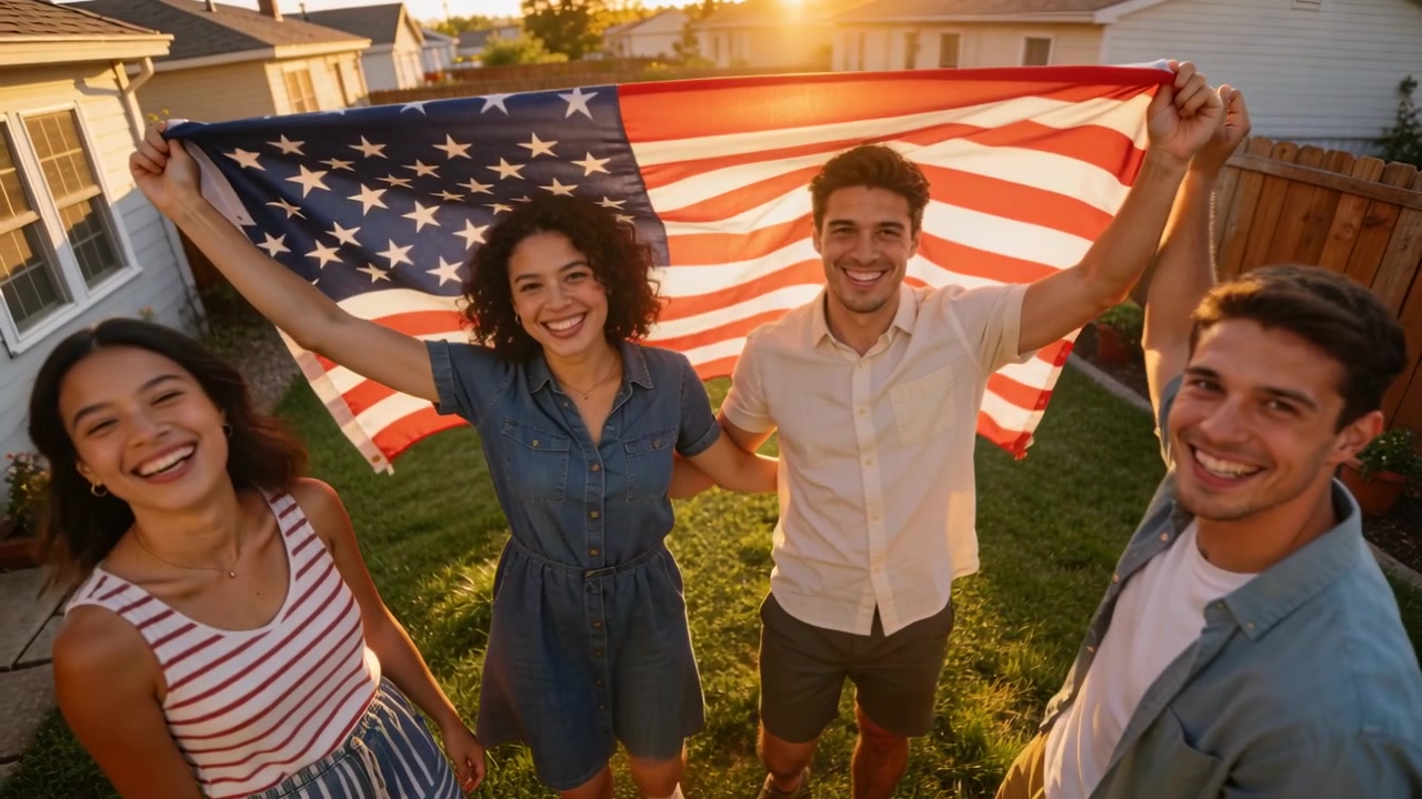 O fotógrafo chamando, quatro amigos posando e esticando a bandeira americana atrás deles sob o sol no quintal.