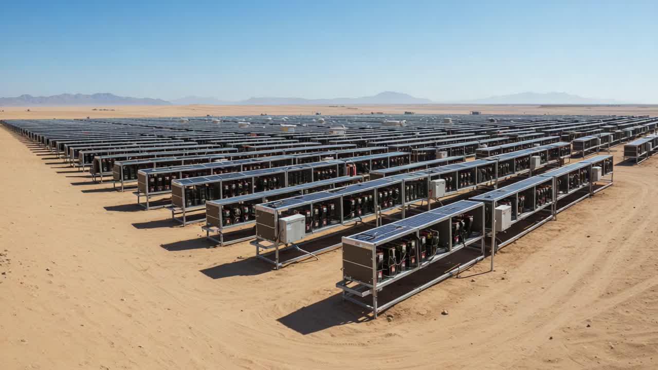 Vast Array of Solar Panels in Arid Desert Landscape Showcasing Renewable Energy Technology and Its Potential for Sustainable Power Generation