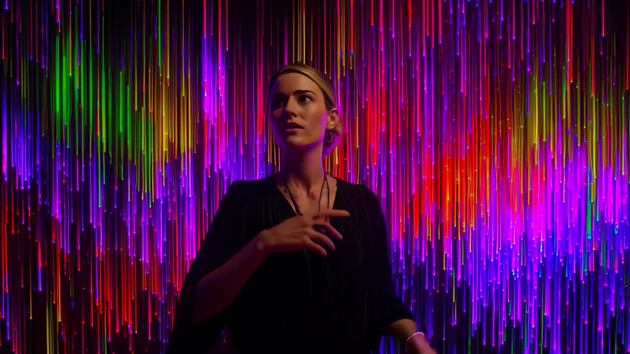 Una donna affascinante interagisce con un vivace spettacolo di luci colorate, esprimendo pensieri ed emozioni su uno sfondo di straordinarie tonalità arcobaleno e fili scintillanti in un ambiente artistico.