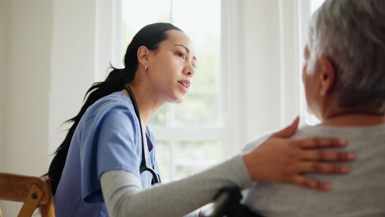 Senior, nurse and empathy with talking