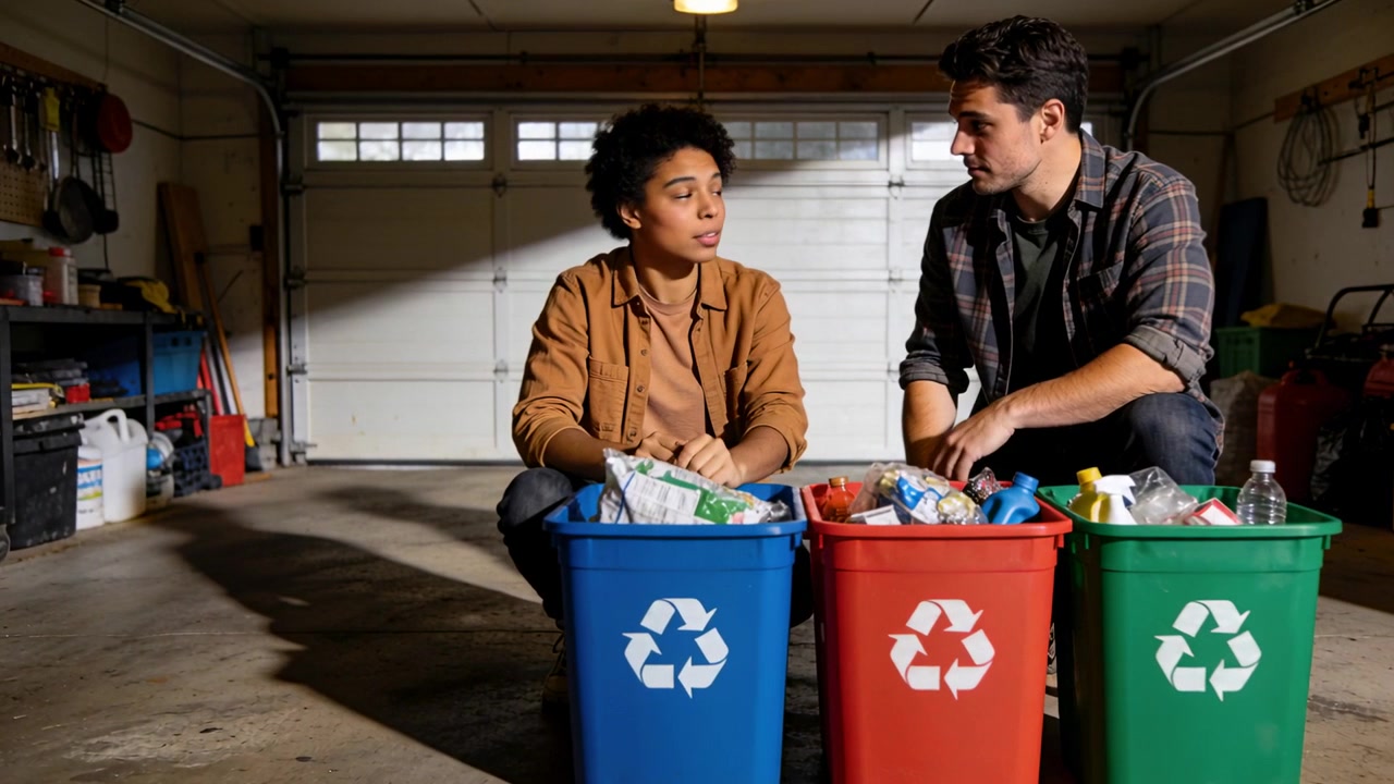 Reaching couple kneeling in garage sorting bottles and paper into blue red green bins for recycling