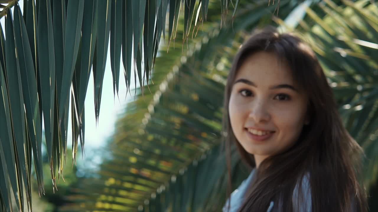 종려나무  에 있는 여자