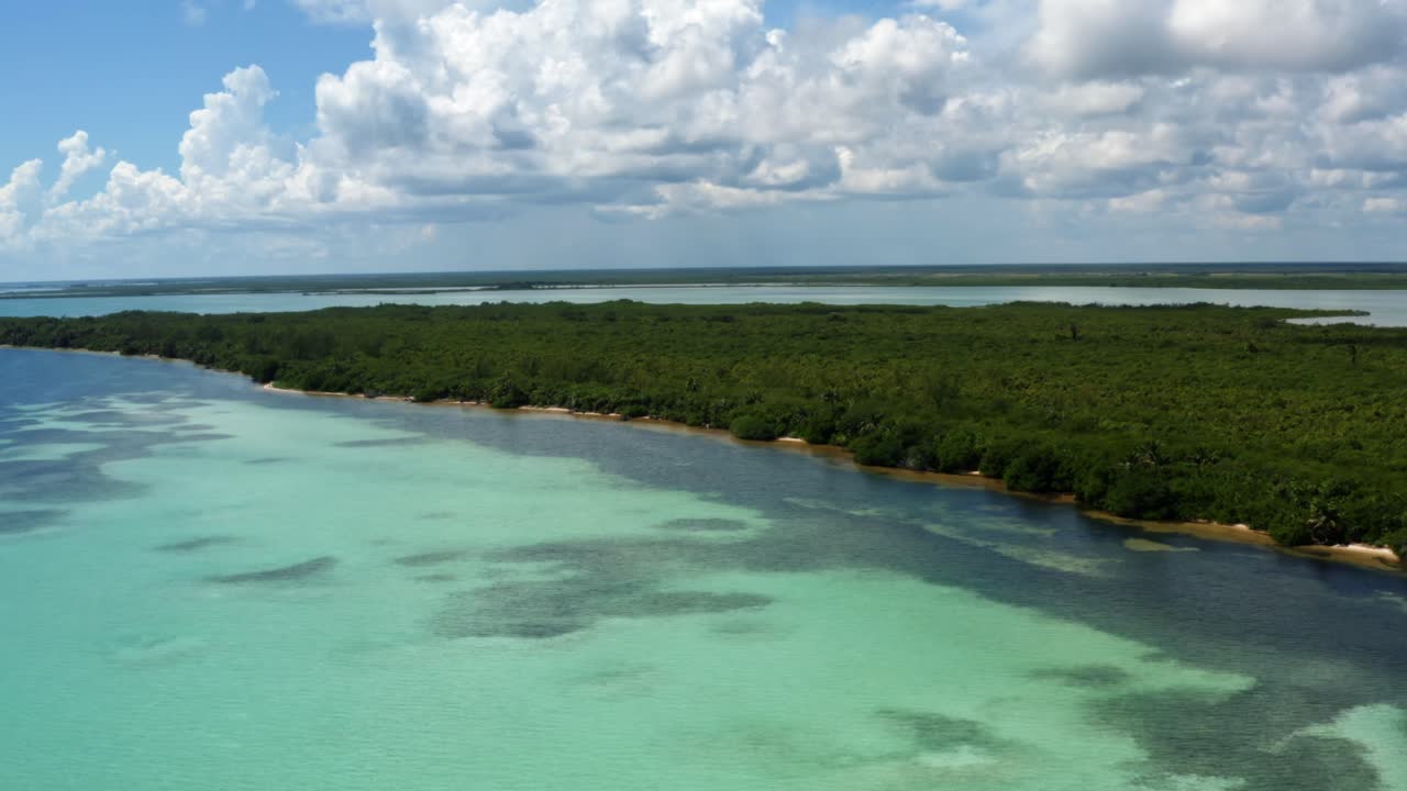 toma aérea de drones de una hermosa costa tropical en la reserva natural de sian ka'an cerca de tulum, méxico con agua turquesa cristalina y arena blanca en un cálido día de verano