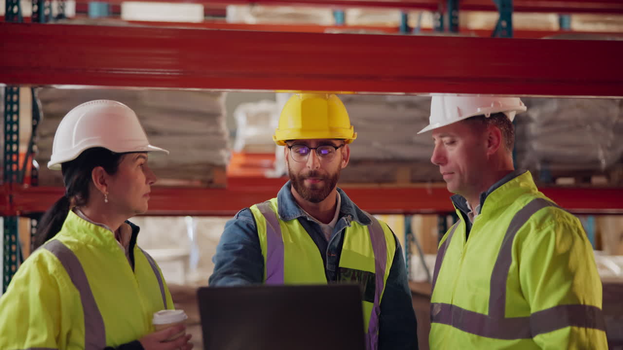 Warehouse workers discussing inventory with laptop