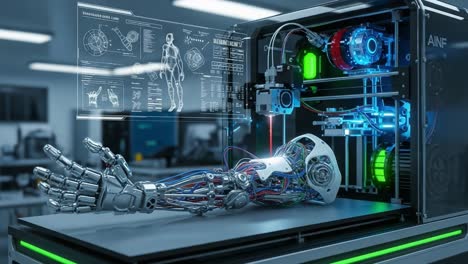 a high-tech robotic arm undergoing development in a modern lab, showcasing advanced mechanics and intricate wiring, representing the future of robotics and artificial intelligence