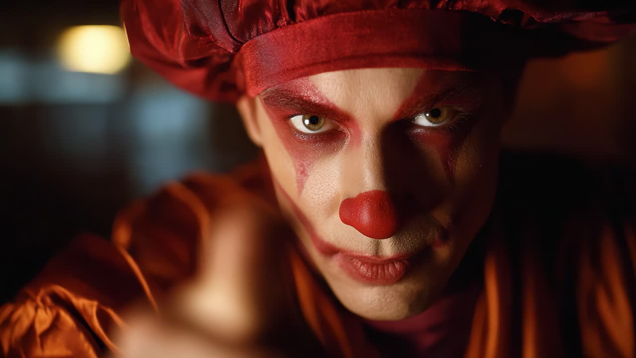 Mysterious clown character with an intense gaze and striking makeup in vibrant orange attire, captivating the viewer with an engaging and eerie presence