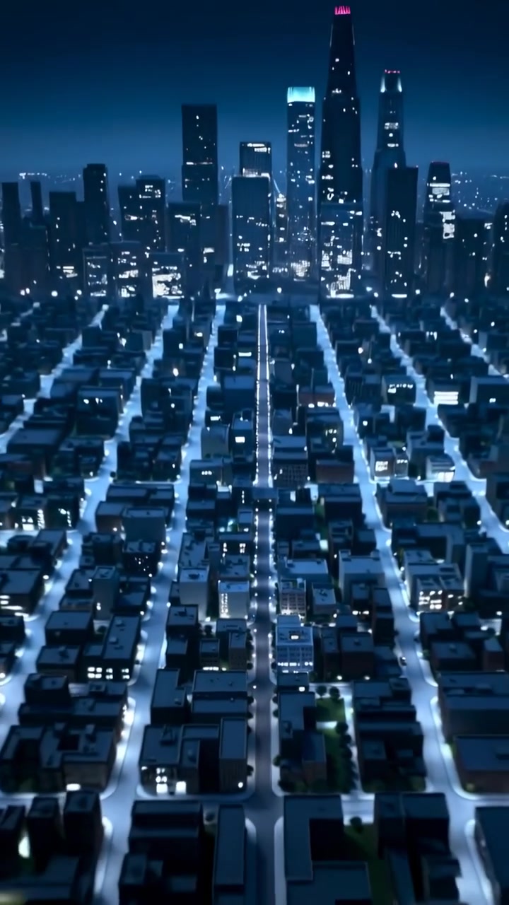 Vídeo vertical: Drone recuando enquanto a cena começa revelando avenida iluminada à noite, mostrando grade iluminada.