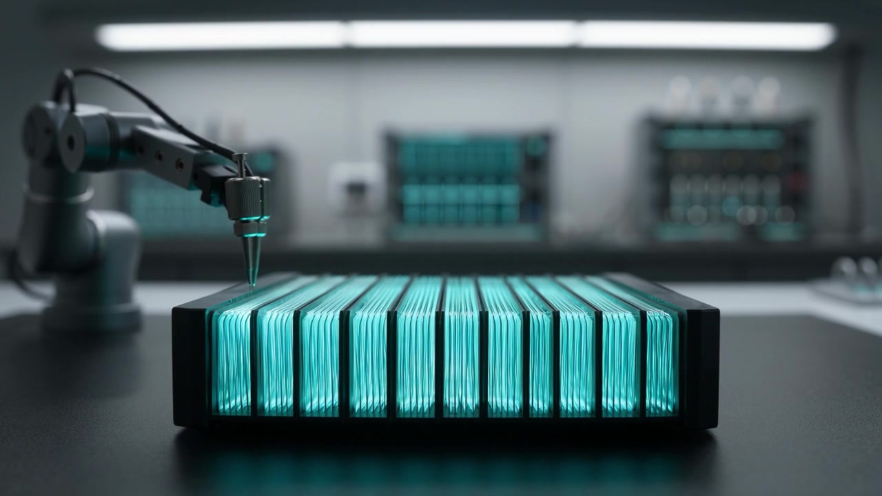 Automated Robotic Arm Scanning Glowing Data Panels in a High-Tech Lab