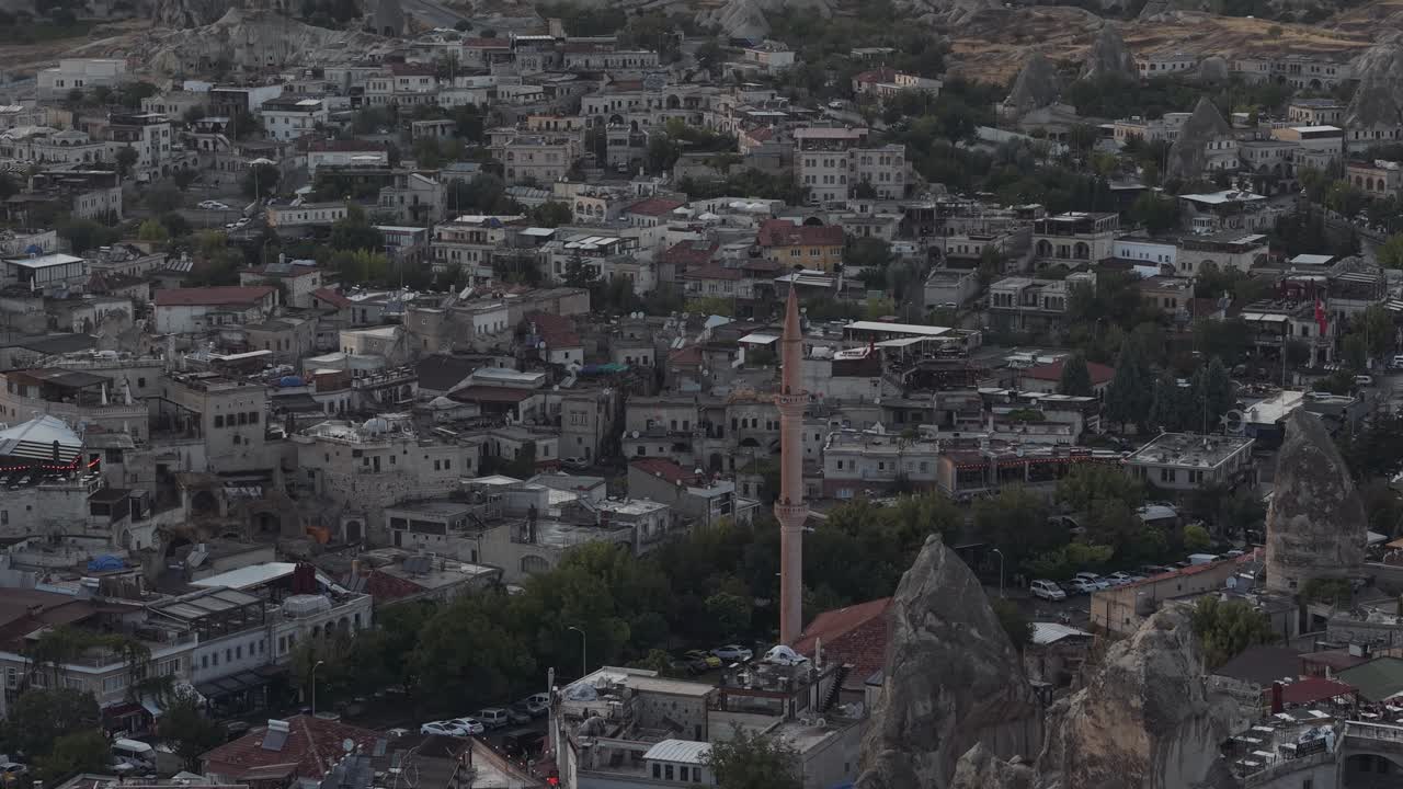 Drone view of Turkey's famous tuff rock formations and ancient caves