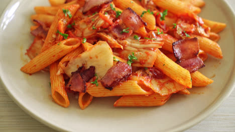 Pasta-Penne-Salteada-Con-Kimchi-Y-Tocino---Comida-Fusión