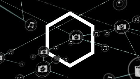 animación de la red de conexiones con iconos sobre hexágonos girando
