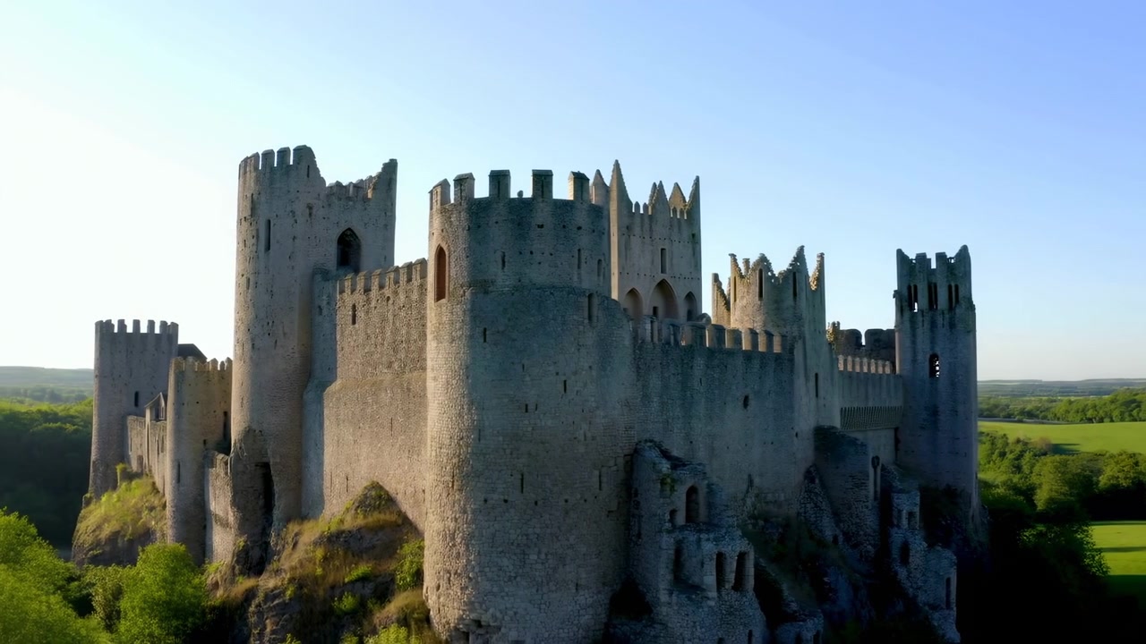 Vista Aérea de Castelo de Pedra Medieval Empoleirado no Topo de uma Colina com Torres Ameadas e Muralhas de Pedra Espessas