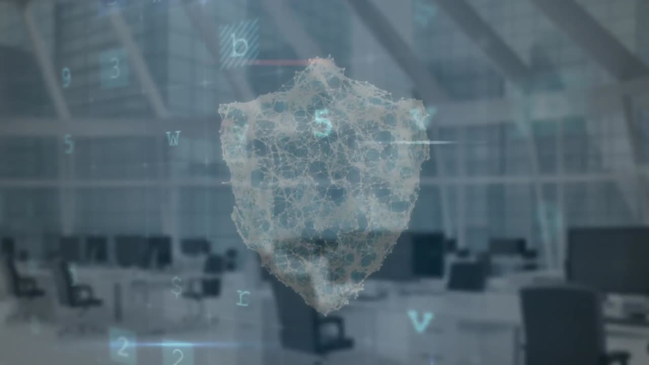 animazione dell'elaborazione dei dati di sicurezza informatica e dell'icona dello scudo di sicurezza contro l'ufficio vuoto.