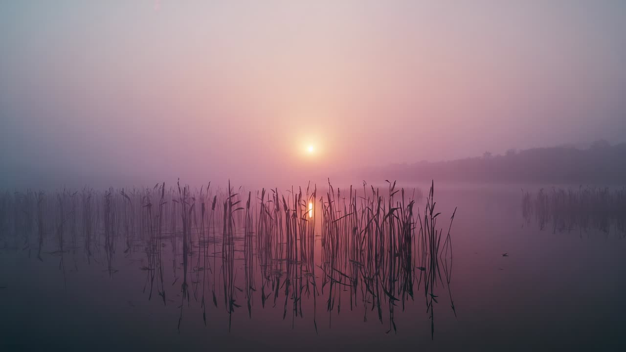 Glowing sun ascending above foggy horizon at marsh lakeshore, with reeds and shoreline reflection