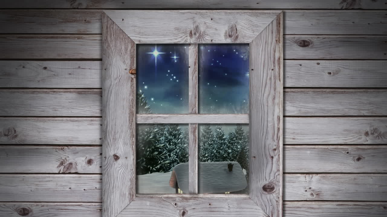 겨울 풍경에 여러 집과 나무 위에 떨어지는 눈송이에 대한 나무 창문 프레임