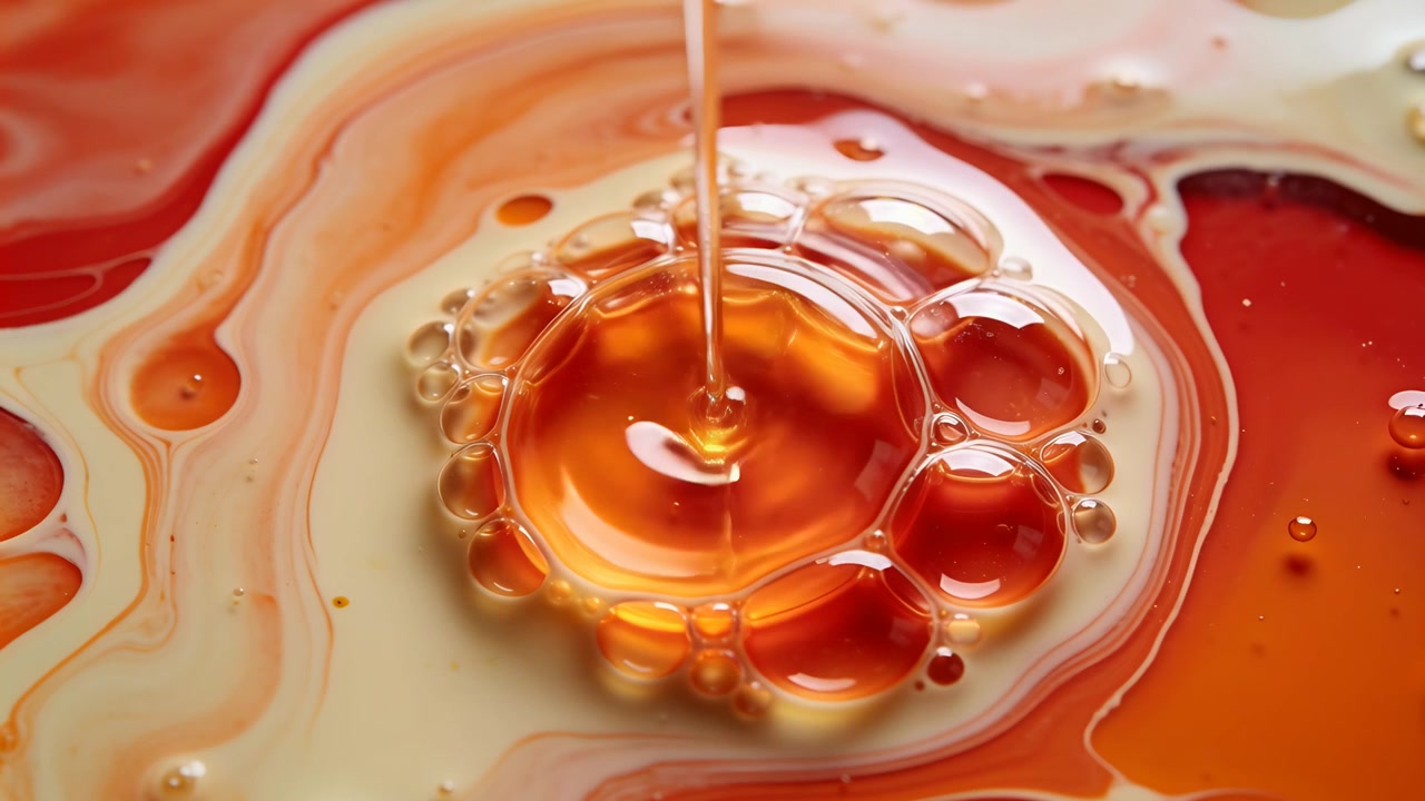 Una pipetta che versa un liquido, colpendo un anello di goccioline arancioni lucide e una pozza centrale su un vassoio, creando uno schizzo.