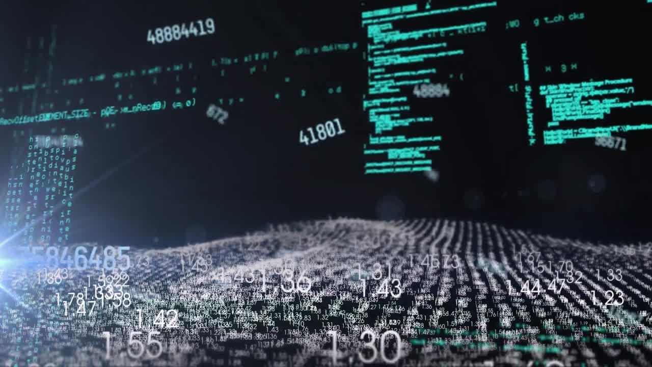 Animation of changing numbers and computer language over numbers waves against black background