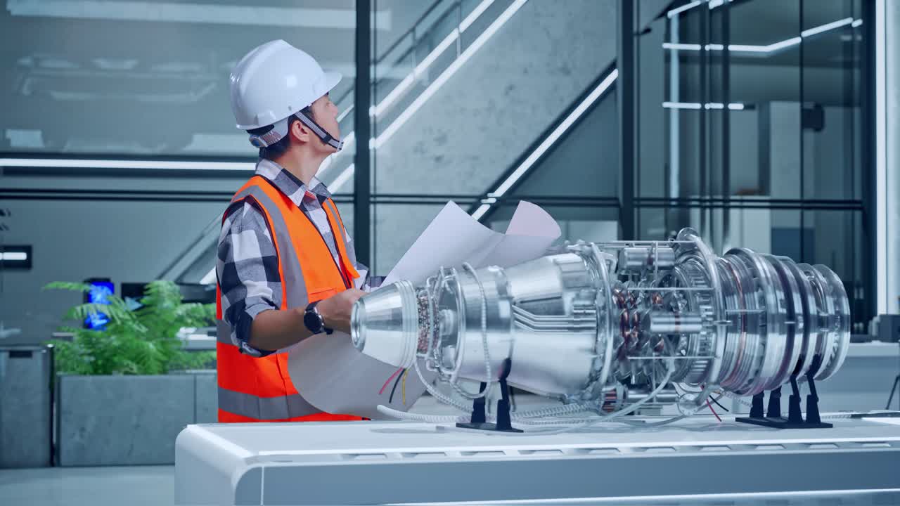 ingegnere che esamina i progetti di un modello di motore a reazione