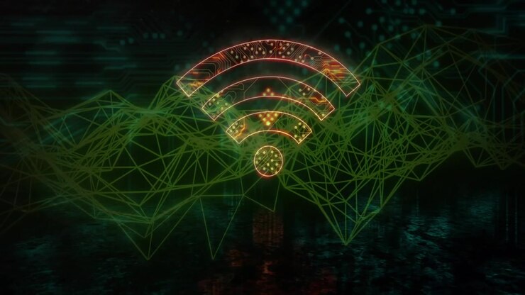 Icona Wi-Fi arancione luminosa che appare al centro mentre una rete verde fluisce e pulsa, mostrando il segnale di rete