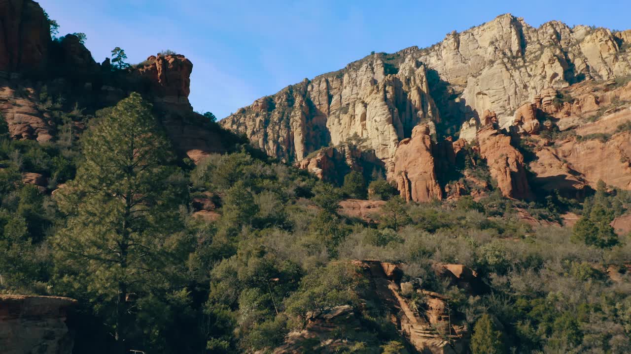 Gorgeous panning shot of massive canyon walls with trees in the foreground. 4K footage