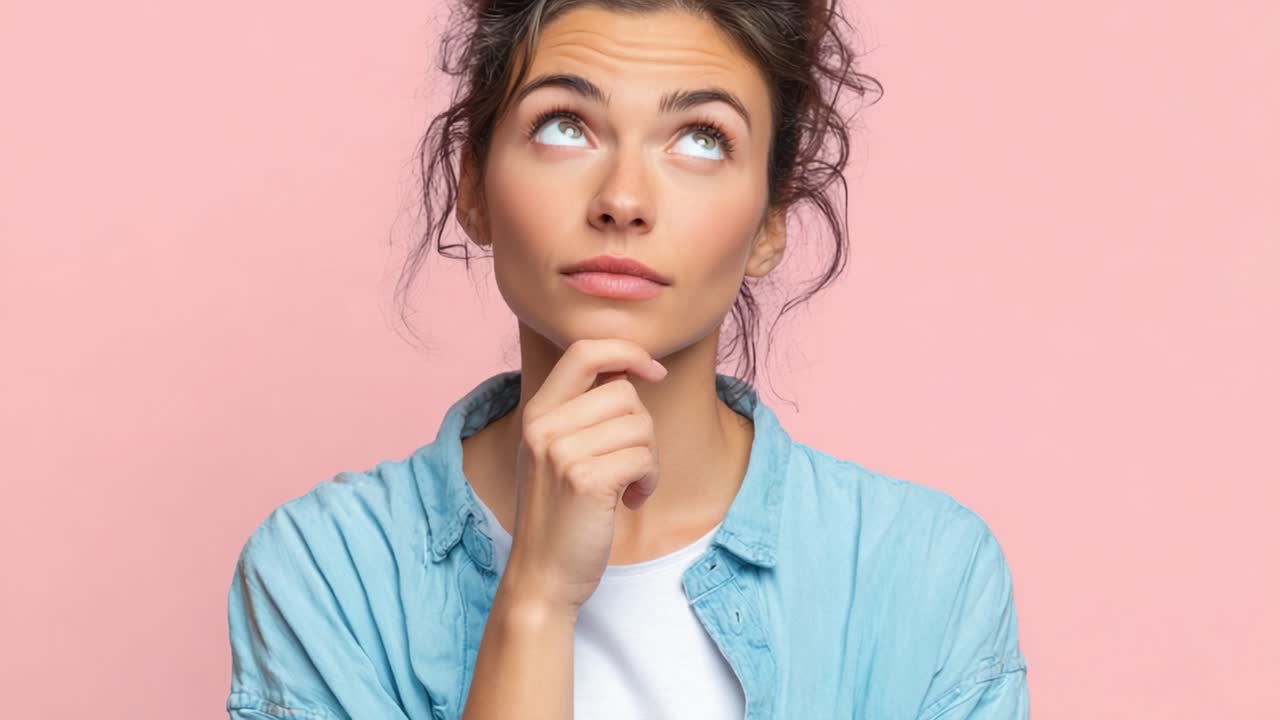 Contemplative Young Woman with Thoughtful Expression Against a Soft Pink Background, Pondering Life Choices and Ideas with a Curious Gaze and Hand on Chin