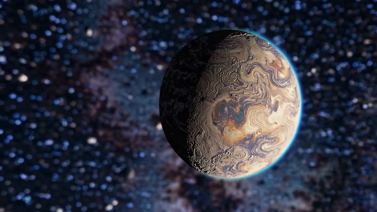 A cosmic video scene with a wide-angle view of a glowing sun surrounded by planets and stars