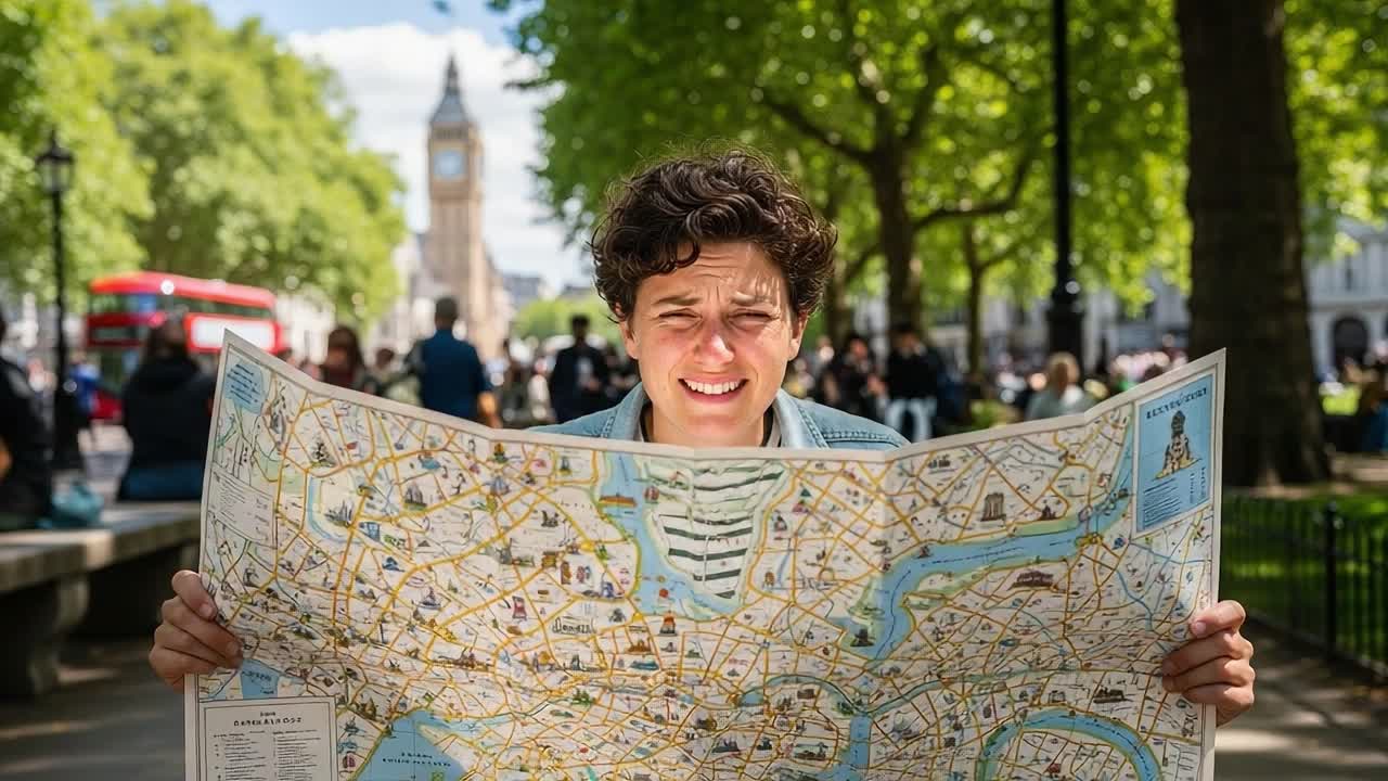 A Lost Traveler: A Frustrated Person Struggling to Read a Map in a Busy Urban Park, Surrounded by Trees and Iconic Landmarks