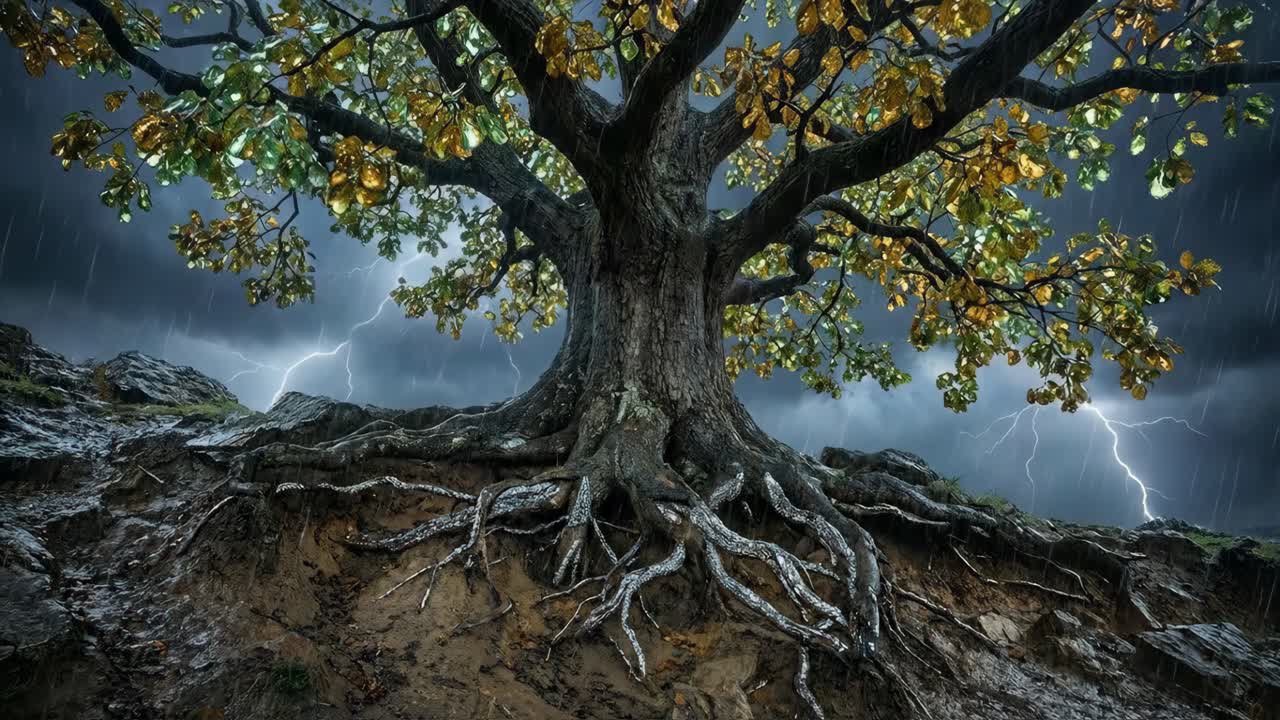 Árbol con las raíces expuestas durante una tormenta eléctrica