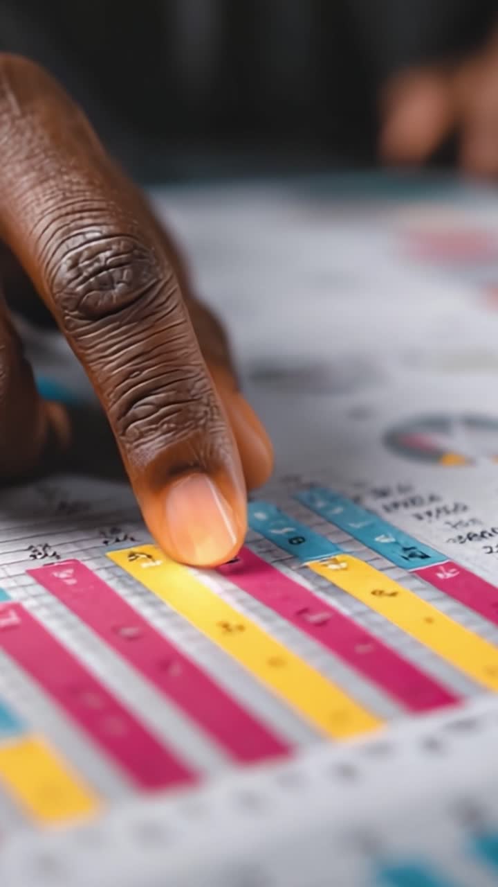 Analyzing Data Trends: A Close-Up of a Finger Pointing at Colorful Statistical Graphs on a Business Report Highlighting Performance Metrics