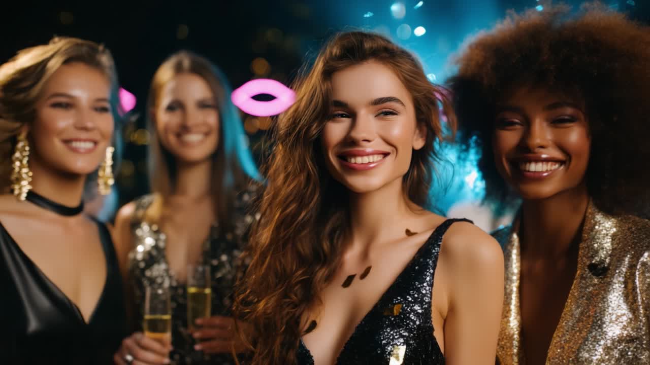 A joyous celebration is captured in this vibrant scene, featuring four glamorous women adorned in sparkling outfits, radiating happiness amidst a festive atmosphere filled with confetti and cheer