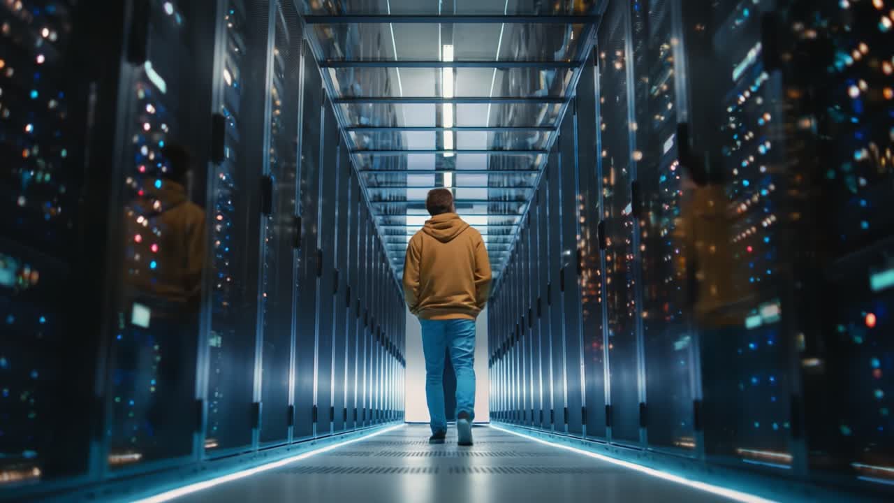 A solitary figure walks through a dimly lit data center, surrounded by rows of high-tech servers, symbolizing the vastness of technology and data management