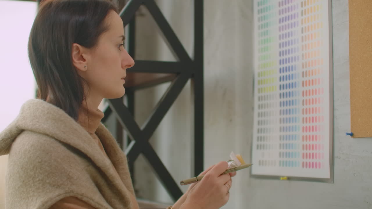 joven diseñadora colorista recoge colores de pie cerca de la pared. mirando la pared de bocetos y flores. elegir el color correcto.