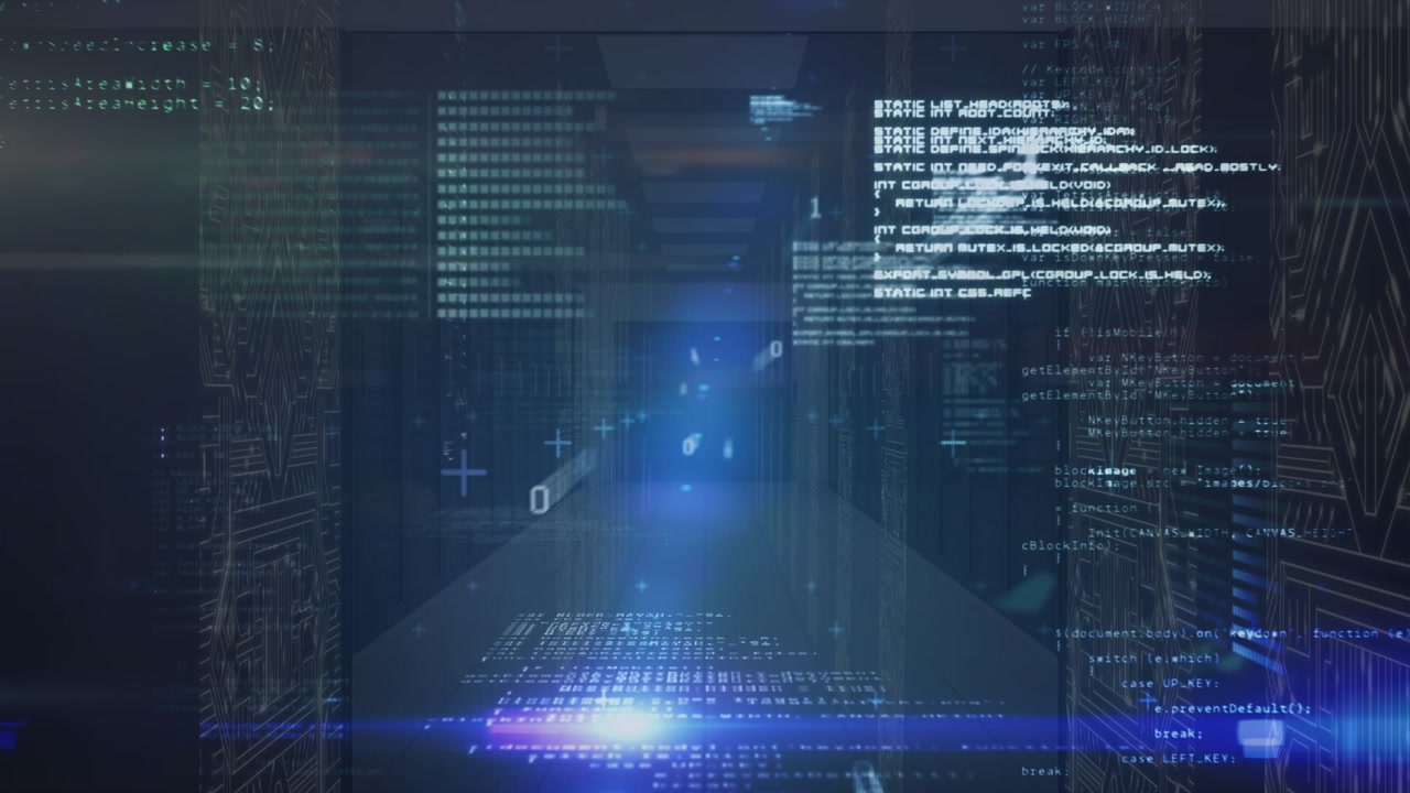 Animation of data processing and blue lights over servers