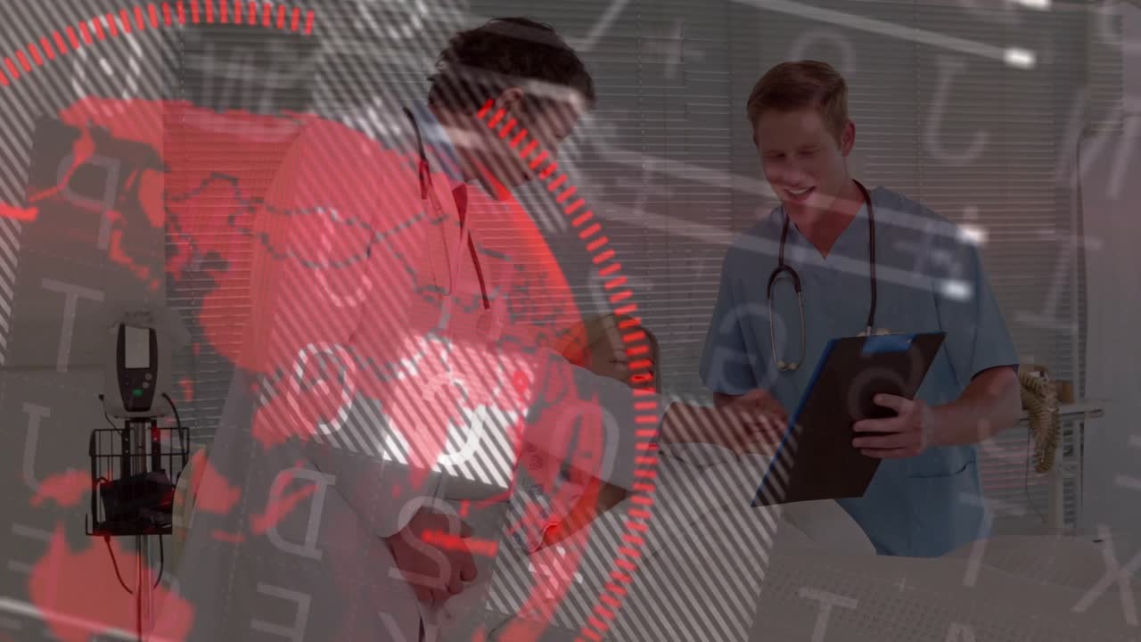 Rotating red globe overlay unveiling ward, doctor tapping reassuring and nurse noting chart